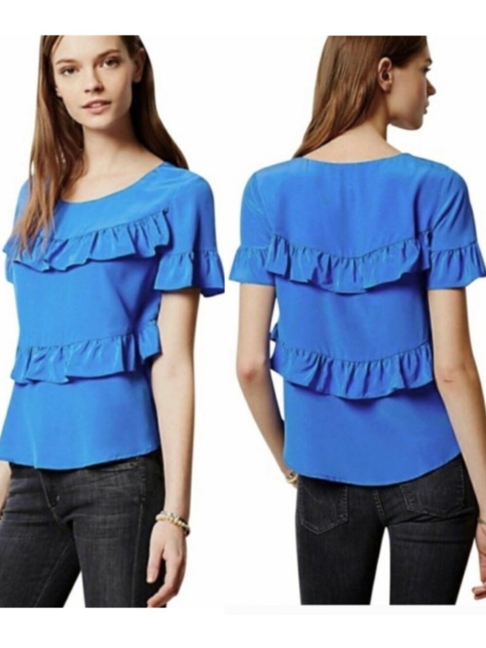ANTHROPOLOGIE HD IN PARIS Blue Ruffle Short Sleeve 100% SILK Blouse 2010s Twee